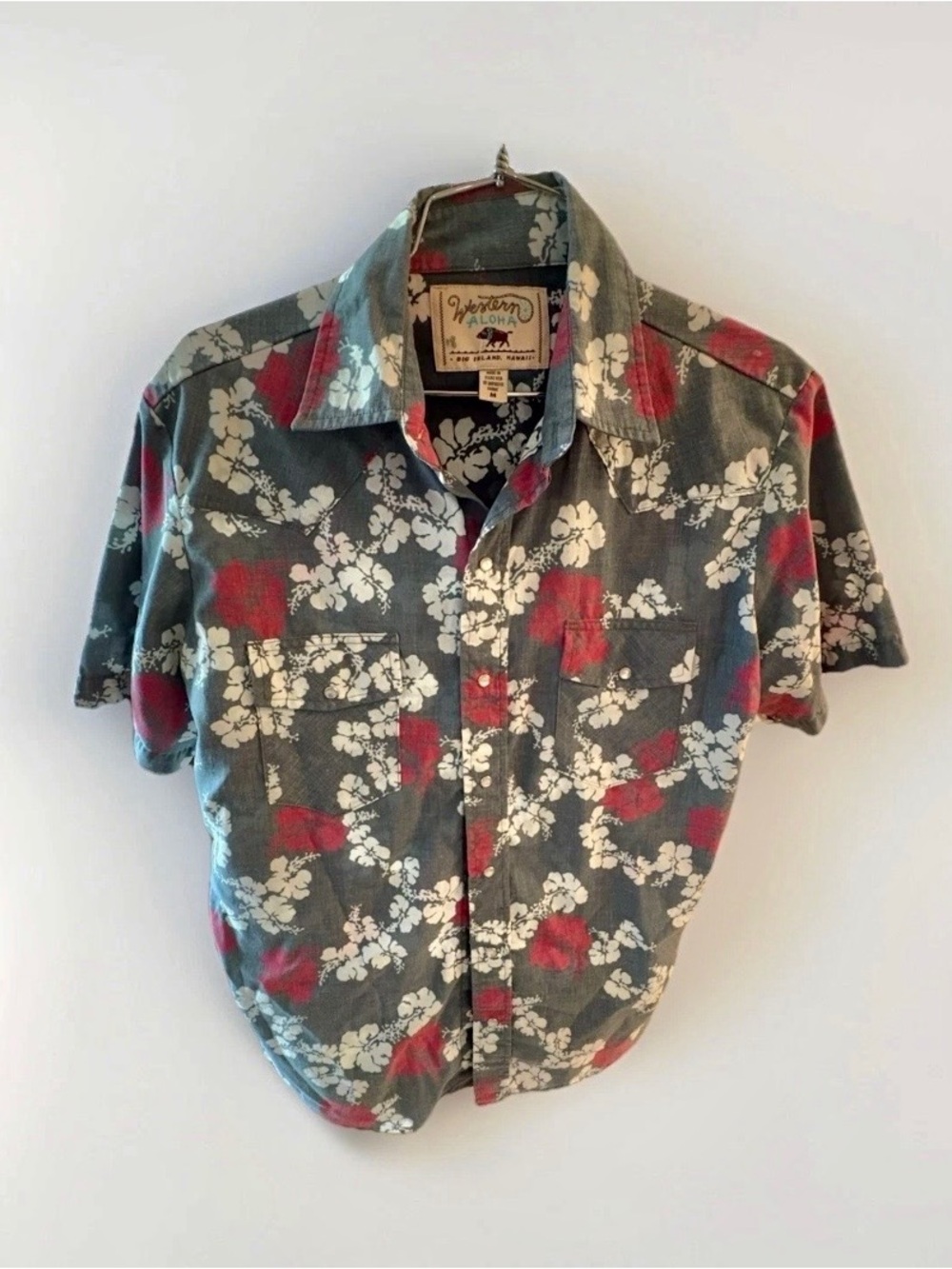 Western aloha short Sleeve Shirt - Gray & Red